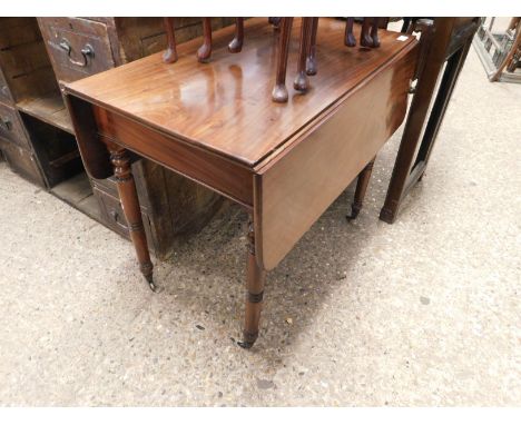 GEORGIAN MAHOGANY PEMBROKE TABLE ON FOUR RING TURNED LEGS RAISED ON BRASS CASTERS   