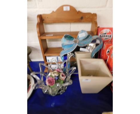 PINE WALL MOUNTED SPICE RACK, BASKET, FLOWER ENCRUSTED ORNAMENTS, MODERN MIRROR ETC   