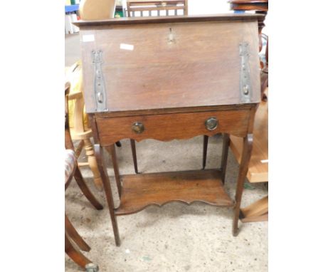 ARTS AND CRAFTS DROP FRONT LADIES BUREAU WITH FITTED INTERIOR WITH FULL WIDTH DRAWERS RAISED ON SHELF WITH DECORATIVE HINGES 