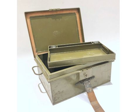 British Army Campaign Metal Writing / Document Box.A good clean example, the tin with khaki painted finish and large leather 