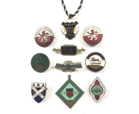 Selection of Vintage Enamel Badges including Motor Racing &amp; Horse Racing. Including: Brooklands BARC 1937. ... 1903 Birmi