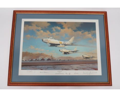 Signed Limited Edition Print Korean War  F-86 Sabres 'Hunting Party'by Robert Watts showing a group of F-86 Sabres of the 51s