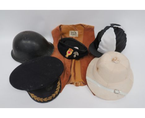 Box of Hats &amp; Helmets including Military. Including peaked hat, British Army steel helmet etc. (quantity) 