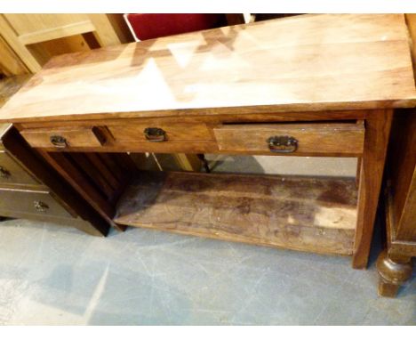 Modern stained wood hallway table with three drawers and under shelf, 115 x 37 x 77 cm