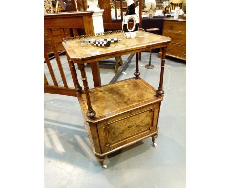 Antique birds eye maple and walnut display unit with single under cupboard and gilt metal railing, original ceramic castors, 