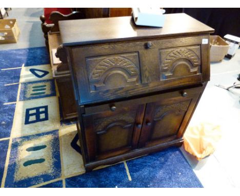 Vintage wood bureau with drop front, single drawer and twin cupboard 