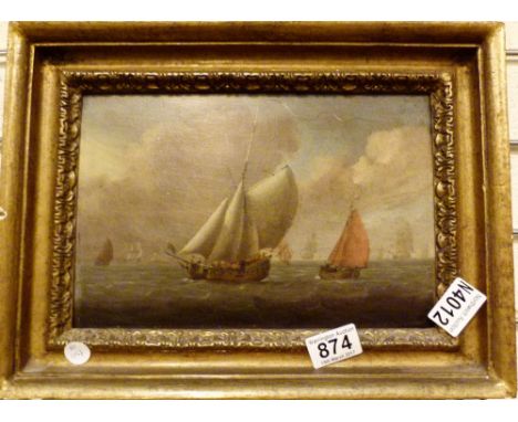 Dutch antique oil on board seascape with barges, unsigned