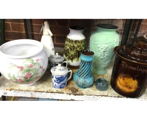 SHELF OF VARIOUS CHINA ITEMS WITH VASES, RUMTOPF JARDINIERE ETC, &amp; SODA SYPHON