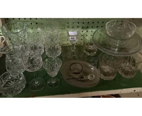 SHELF OF GLASSES &amp; GLASSWARE &amp; A GLASS SILVER RIMMED SALT
