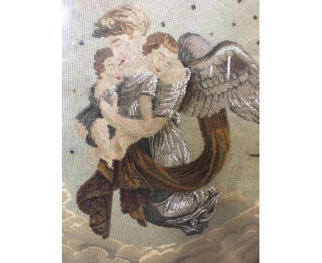 ANTIQUE BEAD AND WOOLWORK TAPESTRY OF FIGURES. IN A GOOD BURR WALNUT  FRAME 25'' X 20'' 