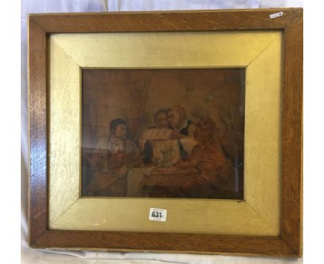 A 19TH CENTURY POKER WORK PICTURE ON AN OLD OAK PANEL. FIGURES AROUND  A TABLE IN A TAVERN INTERIOR. INDISTINCTLY SIGNED.  