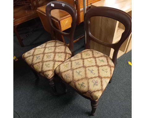 PAIR OF MAHOGANY BALLOON BACK TAPESTRY DINING CHAIRS ON PILLAR LEGS