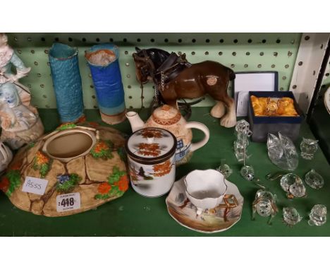 SHELF OF CHINAWARE CONSISTING OF AN ORIENTAL COFFEE SET, GLASS ANIMAL FIGURES IN THE STYLE OF SWAROVSKI &amp; OTHER CHINAWARE