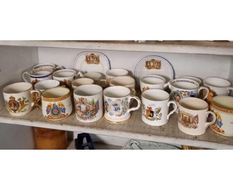 SHELF OF ROYAL COMMEMORATIVE MUGS, 1 SAUCER &amp; 1 PLATE ROYAL COMMEMORATIVE