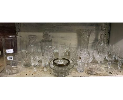 SHELF OF VARIOUS GLASSES, VASES &amp; DECANTERS