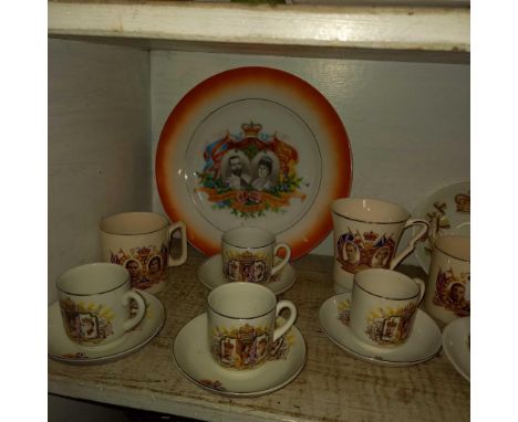 SHELF OF ROYAL COMMEMORATIVE CUPS &amp; SAUCERS &amp; PLATES