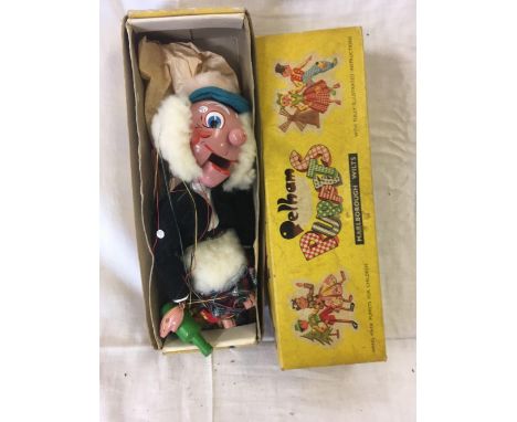 WOODEN PELHAM PUPPET IN ORIGINAL BOX, A METAL LUNCH BOX IN SHAPE OF WALT DISNEY SCHOOL BUS, A FURTHER PERIOD CARD GAME &amp; 