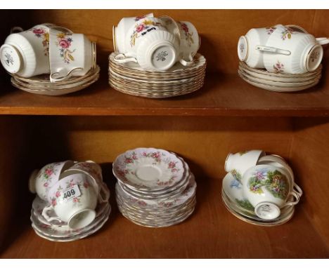 2 SHELVES OF CUPS &amp; SAUCERS - 1 BY AYNSLEY, ROYAL STAFFORD &amp; ROYAL VALE