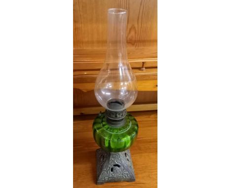 2 VICTORIA STYLE OIL LAMPS ( BRASS 1 CONVERTED TO ELECTRIC &amp; GREEN GLASS LAMP)
