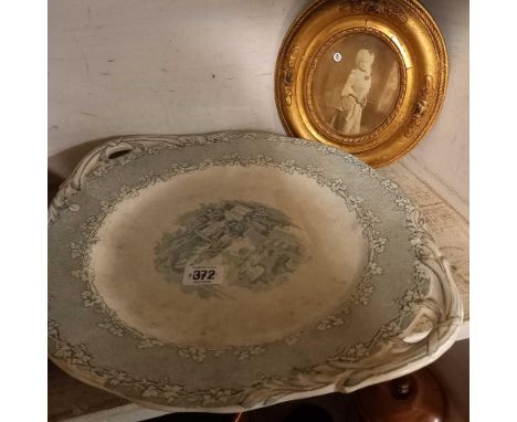SHELF OF BOXED CUTLERY, RAVENNA PLATE, GILT FRAMED OVAL MINIATURE PICTURE OF A WOMAN &amp; A POTTERY JUG