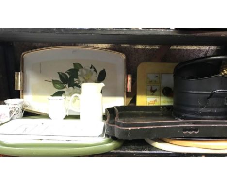 SHELF OF EBONY &amp; OTHER TRAYS, COAL SCUTTLE &amp; CHINAWARE