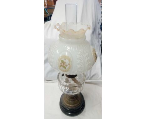 GLASS &amp; BRASS OIL LAMP WITH A WHITE FUNNEL, FLOWER DESIGN