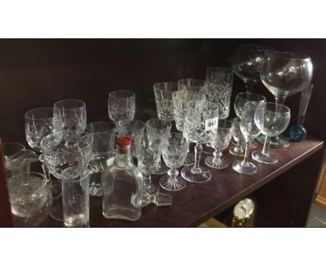 SHELF OF VARIOUS GLASSWARE, BOXED PAIR OF DOULTON CRYSTAL FINEST CUT WINE GLASSES &amp; ROYAL BIERLEY CRYSTAL VASE