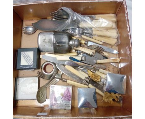 CARTON OF CUTLERY, HIP FLASK, GLASS INK WELLS ETC