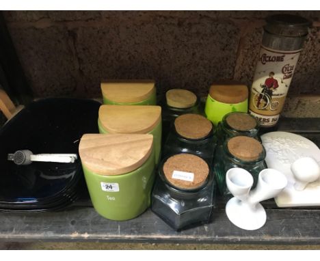 SHELF OF CERAMIC &amp; GLASS STORAGE JARS, PLATES ETC