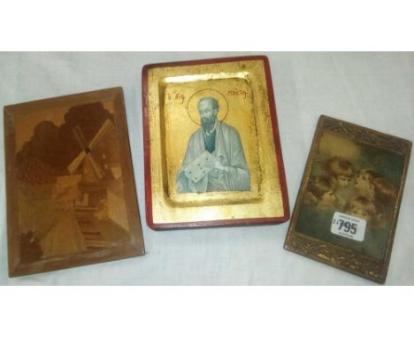 ICON ON THICK WOOD PANEL, ALSO A PICTURE OF 5 HEADS OF CHILDREN ON A  SMALL WOODEN PANEL DECORATIVELY CARVED AND A MARQUETRY 