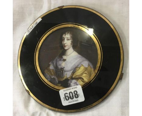 MINIATURE PORTRAIT OF A 17THC LADY IN ANTIQUE GILT CIRCULAR MOUNT [PRINT?]  