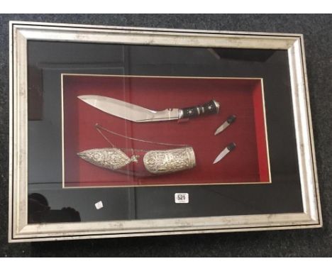 F/G DISPLAY OF KUKRI ORNATE WHITE METAL SCABBARD &amp; 2 FURTHER SMALL KNIVES