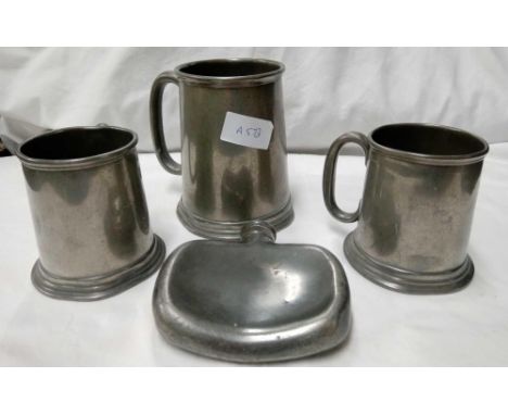 3 PEWTER TANKARDS &amp; PEWTER HIP FLASK