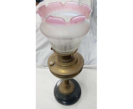 BRASS OIL LAMP ON WOODEN BASE &amp; SHAPED FLORAL GLASS FUNNEL