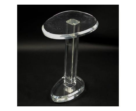 Mid Century Lucite Pedestal Table. Unsigned.. Measures 23-1/2" H, 15-1/2" W. Condition: Scuffs and light surface scratches fr