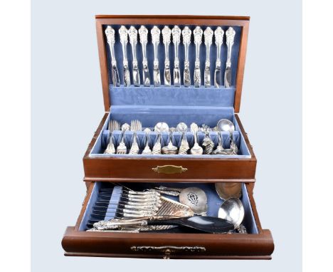 One Hundred and Thirteen (113) Piece Wallace "Grand Baroque" Sterling Silver Flatware in Display Case. Includes: 12 knives me