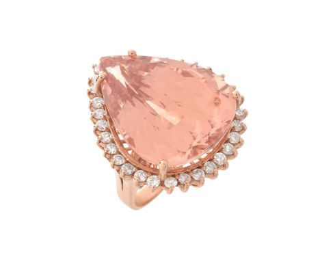 GIA Certified 31.11 Carat Pear Shape Morganite, 1.43 Carat TW Round Brilliant Cut Diamond and 14 Karat Pink Gold Ring. Morgan