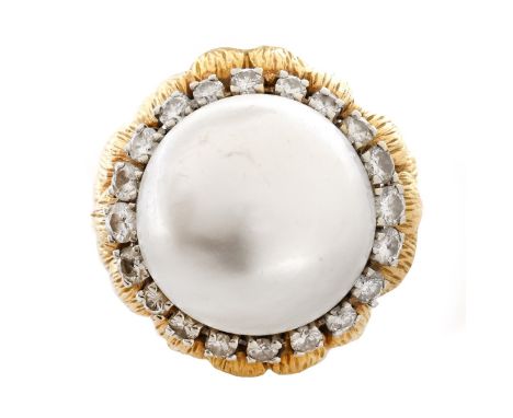 Vintage Large Mabe Pearl, Round Brilliant Cut Diamond and 14 Karat Yellow Gold Ring. Pearl measures 18mm diam. Ring size 5. A