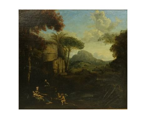 Circle Of: Francesco Cozza, Italian (1605-1682) Oil on Canvas "Architectural Landscape With The Holy Family". Unsigned. Measu