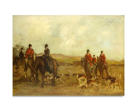 Antique Style Oil On Canvas "Preparing For The Hunt". Unsigned. Light surface stains. Measures 26" x 36", frame measures 32" 