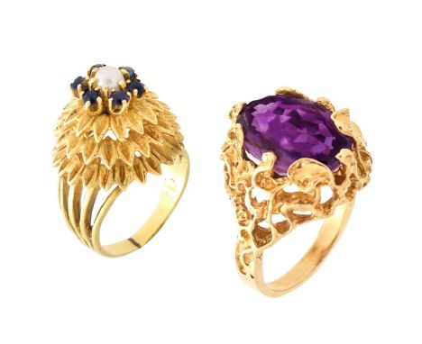 Two Vintage 14 Karat Yellow Gold Rings, One set with an Oval Cut Amethyst, the Second with Small Sapphires and a Pearl. Ameth