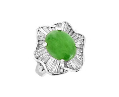 Approx. 4.90 Carat High Quality Cabochon Jade Of Vivid Color, 1.69 Carat TW Diamond and Platinum Ballerina Ring. Diamonds of 