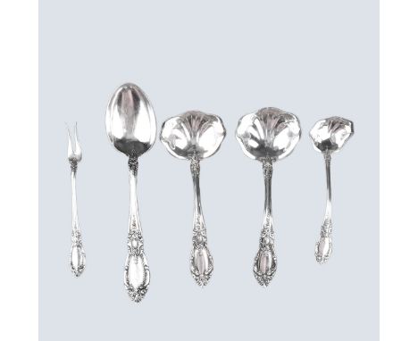 Lot of Five (5) Towle "King Richard" Sterling Silver Tableware. Includes one tablespoon 8-5/8", two gravy ladles 7-1/4", one 