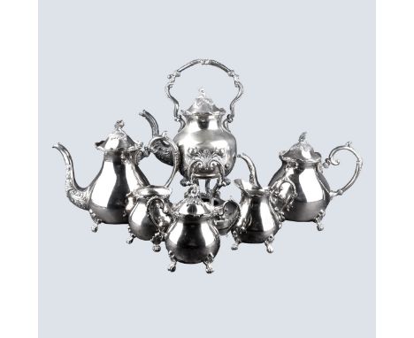 B S C Silverplate Tea and Coffee Set. Seven (7) Piece set includes a Hot water Kettle with stand, Coffee Pot, Tea Pot, Cream 