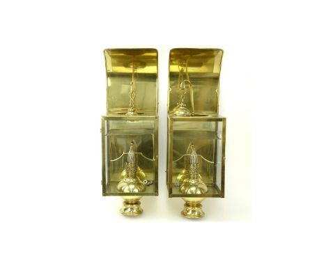 Pair of Modern Brass and Glass Wall Light Fixtures. Some minor signs of corrosion otherwise good condition. Measures 28” H x 