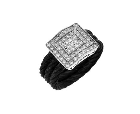 Philippe Charriol Celtic Noir Pave Set Diamond, 18 Karat White Gold and Black Stainless Steel Cable Ring. Signed, stamped 750