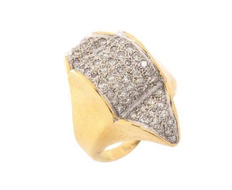 Vintage Contemporary Design Pave Set Diamond and 14 Karat Yellow and White Gold Ring. Ring size 5-1/2. Approx. weight: 9.8 gr