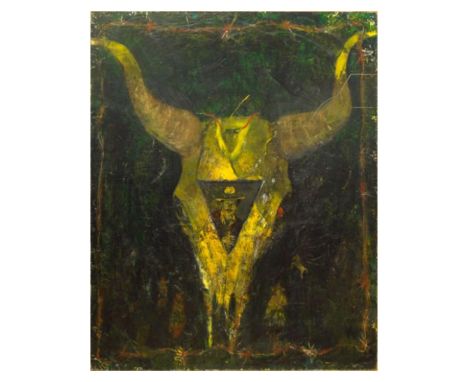 Kim Leunng (20th Century) Oil on Board. Steer Skull with a Cowboy in Center, Signed Lower Right. Measures 60" H x 48" W. Cond