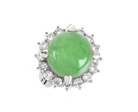 Approx. 23.48 Carat Round Ball Jade, 1.94 Carats TW Round Diamond and Platinum Ring. The diamonds of E-F color and VS1-VS2 cl