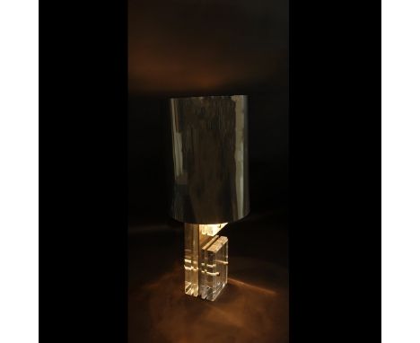Mid Century Modern Stacked Lucite and Chrome Lamp with Metal Shade. Unsigned. Lamp measures 32-3/4" H x 7" W, shade measures 